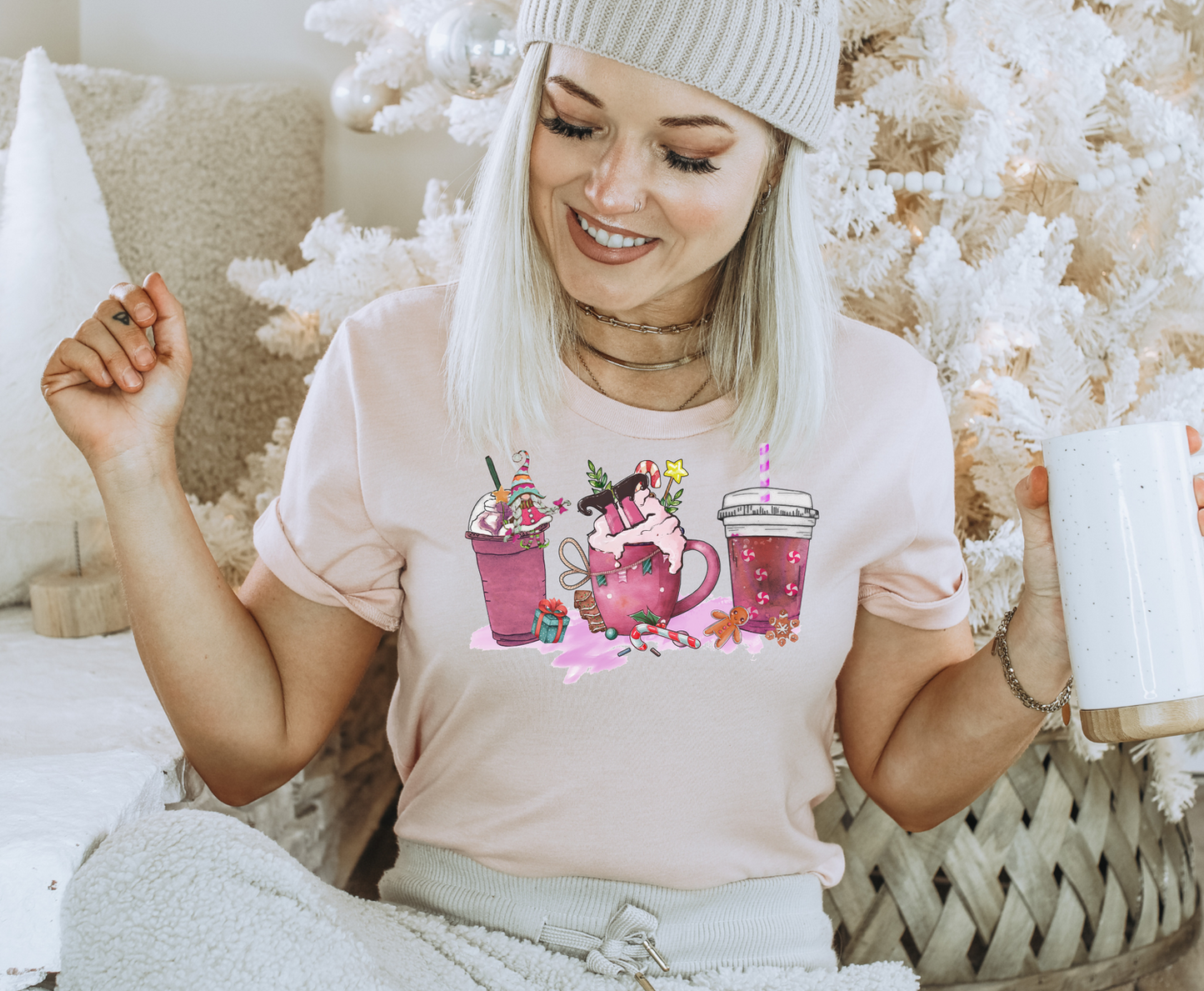 Pink Trio Elf Stockings Latte - Full Color Transfer