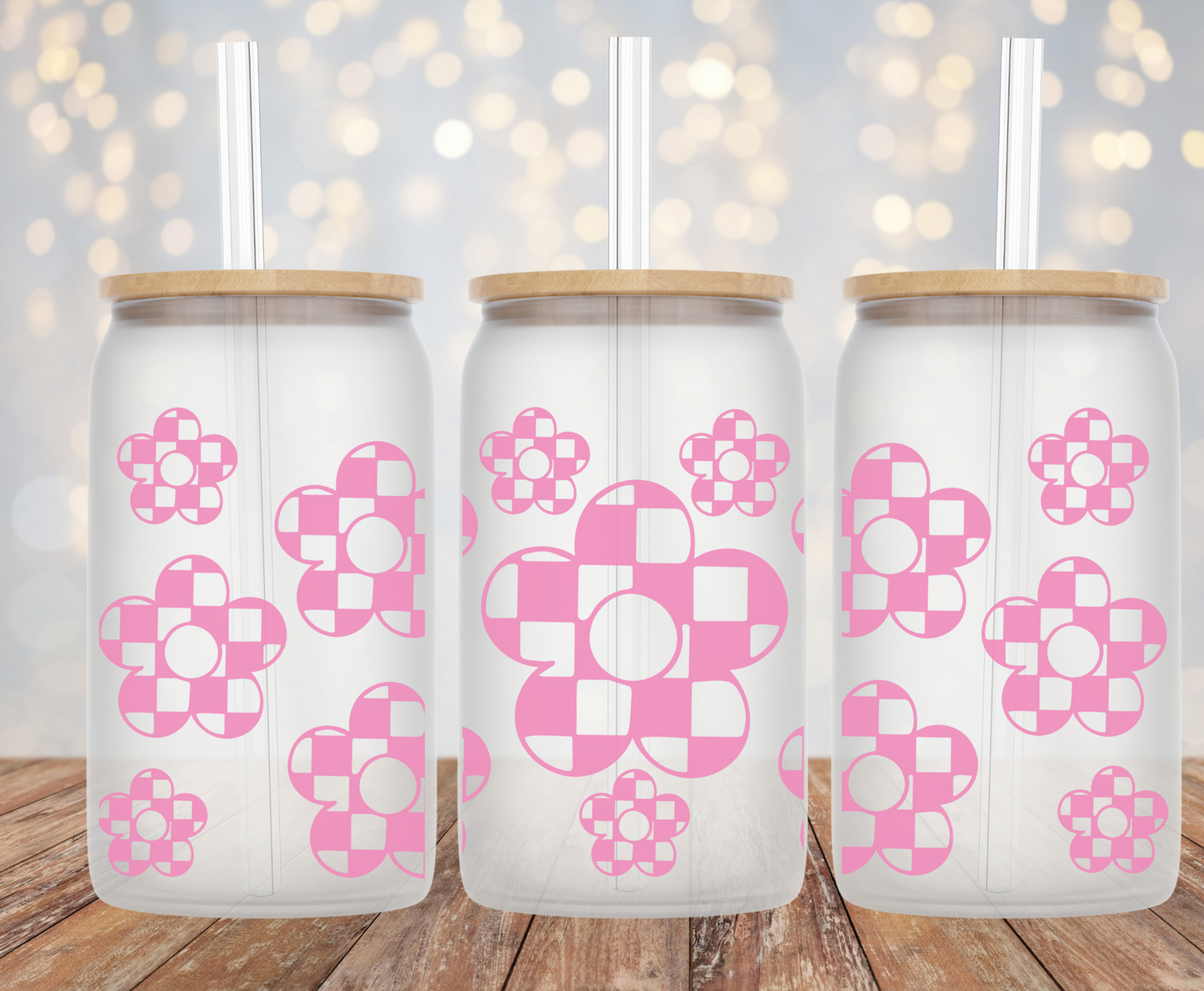 Pink Plaid Daisy - 16oz Cup Wrap
